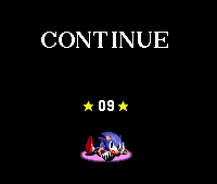 When all lives are lost, the game will either reset to the very beginning, or bring you to this screen if you have a continue. Press the start button before the ten second countdown is over to resume the game with three more lives.