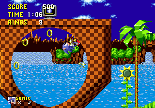 Classic green hill zone level and the icon loop sonic runs across