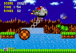 The boss. Use the platforms to launch an attack whenever Robotnik is near, or hide from the giant pendulum ball below them.