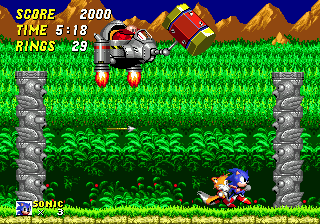 When Eggman whacks one of the statue tops, one of its heads will shoot out an arrow which lands in the one on the opposite side..