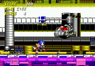 Dr. Eggman attacks in a machine that first lurks on either side, sucking the blue chemicals out of the road, and then deposits them over you in the form of small, harmful spheres.