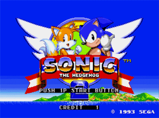 The title screen of the Mega Play Sonic 2 arcade game. You can only insert your coins and start as Sonic and Tails.