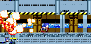 Sonic legs it out of a far corridor and into space, chased dramatically by the explosions.