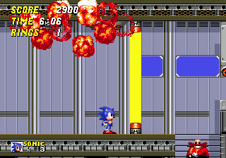 Defeated, Eggman's platform descends, but the barrier beams take a little while to disable, and the scientist has already gone. Follow!