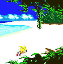 Sonic crosses the pretty beach of this mysterious new island, blissfully unaware of what's coming..