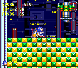 An odd boss, this one. The machine releases a spinning spiky top that proceeds to destroy the checkered floor, piece by piece, as it bounces dangerously around the descending elevator shaft. 