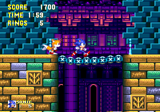 In Act 2, the background features much warmer purples and magentas across the temple. The backgrounds to some corridors and enclosed areas have turquoise bricks.