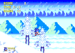 Sonic slides down the snowy slopes of the start of Act 1, surrounded by miles of icy mountains rising through the clouds.