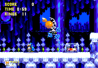 Most of the level takes place locked inside the frozen tunnels of the mountains. The dark blue cave walls feature rows of hanging icicles, huge glistening cylindrical pillars and occasional holes cut out to view larger icicles in the distance.