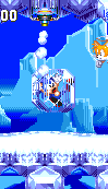 Ceiling-mounted freeze guns encase you in a block of ice. After a few seconds it breaks and takes your rings with it! As Sonic, only Tails can save you by jumping on it.