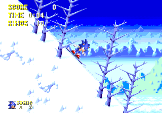 As Sonic, you'll slide down the snowy slopes on a snowboard, collecting rings along the way.