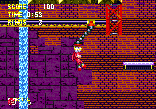 Knuckles' Act 2 route is mostly contained underneath the water and cranes, seemingly all supported by a mass of solid brick work, as seen in the background. Waterfalls tumble through so the area is by no means dry.