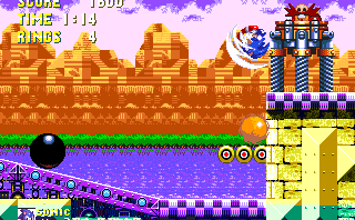 Fortunately, the whole thing can be dealt with very quickly as Sonic. Simply keep jumping and then double jumping in mid-air to reach him with your insta-shield. You might even be able to stand on his ledge using this method, and the balls below will be little bother to you.