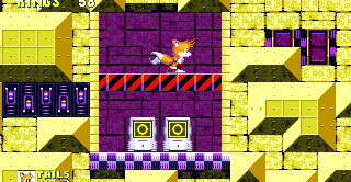 ..Go inside and you'll find that breaking the switch first will have sealed off access to these rings behind a second gate that also responds to the switch. Technically, as Sonic with Tails, it's also possible to be trapped under there if Tails breaks the switch outside while you're in there!