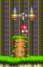 As Knuckles, things are made just a teensy bit harder by the fact that the robot doesn't come back down all the way to the ground. A moving spiked pillar appears halfway through the drilling. You need to attack him from the top of this pillar.