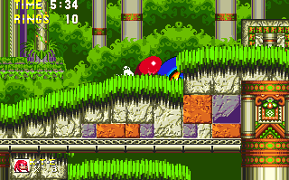 Knuckles has a similar area all to himself that's separate. He must deal with a similar rising floor, but he also has a couple of features designed to add further stress, such as opening this doorway using the blue wheel.