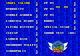 The extremely elusive level select menu of Sonic 3. Note the Sonic 2 level icons and the appearance of Sonic & Knuckles stages in the list.