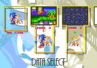 Sonic 3 allows up to six simultaneous save files, each recording your current zone, chosen character and number of emeralds collected so far. Select a file to begin from the start of that zone.