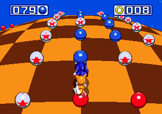 The tricky parts in this first stage are these winding lines of blue spheres, amidst bumpers. Take one wrong move on the way and you'll be knocked back into a red, formerly blue sphere. Take these early on in the stage to avoid having to do them quickly.