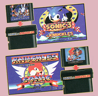 As the European box art advertises, the S&K cartridge has another slot on top of it, into which you can plug Sonic 2 or 3 to unlock whole new variations of these games, including the ability to play as Knuckles throughout both.