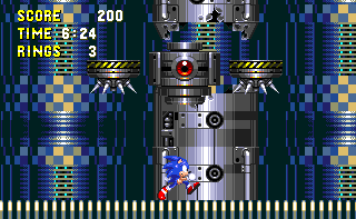 With all eight hits secured, don't think you're done yet. This only initiates the second phase of the attack! The eyeball detaches from the core and starts hovering toward you, circled now by two spike-bottomed platforms! Try to ignore the platforms, as you can hit the eye easily enough from the ground..