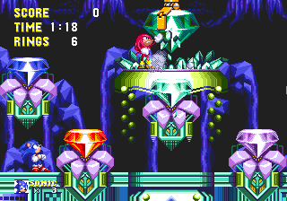 Sonic follows Knuckles into the sacred shrine of the Master Emerald, surrounded by the Chaos Emeralds you've been collecting. However, as Knuckles has already spotted, a huge mechanical grabbing arm is descending from the ceiling, and latching onto the Master Emerald..