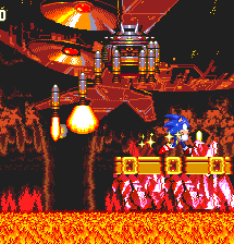 Eggman appears in the background, some distance away, in a flame-resistant machine, and begins to release a series of missiles..