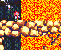 ..Eventually, the ground to the left gives way and is supposed to drop Knuckles down to a small lava lake below, where his route continues. However, if you stand to the very far left, you'll be able to stay up here and take a completely alternative route, with just a little poking around..