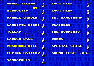 ..Back on the title screen, you then need to hold A and press start when selecting a character. You'll be brought to the level select menu, where you can jump to any act in the game. Ignore the Sonic 3 levels, as of course they cannot be accessed when playing S&K alone.
