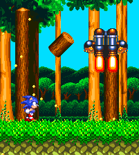 The logs are flung one by one as he makes his way down the tree. As Sonic, they're thrown straight to the left. As Knuckles, they can also bounce diagonally off of the ground.