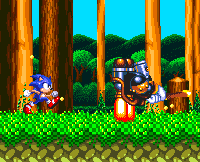 If you allow him to get to the base of the tree, he'll get his axe stuck, against Sonic. Eventually his energy will force him to fall back to the left and bounce along the ground before quickly retreating to the next tree..