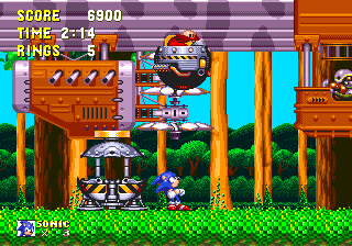 The level ends with the mighty Flying Battery ship diving toward the forest floor to collect the defeated Eggman. Sonic or Knuckles will hop along for the ride as well though and cling on to one of the engines, creating a nice transition to the second zone..