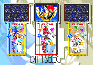 All levels from Sonic 3 and Sonic & Knuckles are bolted together and playable as all three characters (with some exceptions), and Sonic 3's data select menu, with two additional save slots, remains to act as a level select when the full game is complete.