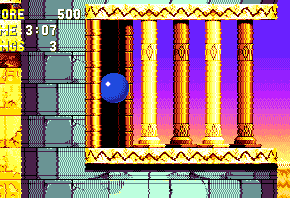 Frequently, the level layout is supported by these huge turquoise pillars, many of which have sections cut out of them, either partially or all the way through.