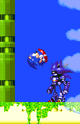 Mecha Sonic dashes between the right and left sides by various methods, selecting a random one each time. At any point, you can jump and hit the head. Sometimes he'll pause briefly, where you can also spin dash the legs.