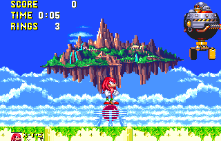 When Knuckles comes to Sky Sanctuary, there doesn't seem to be much of it left, but you can see Angel Island in the background, and it appears to be having trouble staying afloat. It doesn't take Eggrobo very long to appear from the right, and extend a grabbing device to scoop you up - there's no avoiding it..