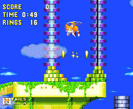 As Tails, you have access to a number of massive shortcuts simply by flying upwards at various points. The first and best of which can be found on this platform, which is at the far right end of the first floor up. Simply follow the path from the start, and when going up to the next floor, you'll wind up somewhere around here..