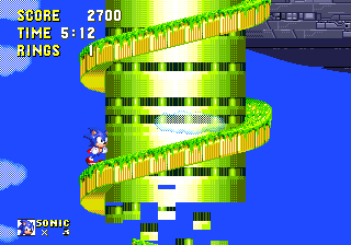 Sonic finds himself escaping the now tiny Sky Sanctuary, running around a spiralling staircase as it collapses, while the huge Death Egg rises in the background..