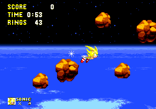 Controls are entirely different here to the rest of the game. The screen scrolls at a set rate as objects fly past, and you can freely fly up, down, left and right across the screen using the D-pad. Pressing A, B or C gives a short dash forward, or in the direction that you're holding at the same time.