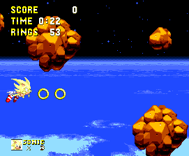 As always, Super Sonic runs out of rings second by second. You start with fifty and you need to keep topping up your supply by collecting any strings of rings that you can find..