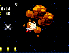 Super Sonic is invincible to all attacks and objects, but they can still hinder him by slowing him down and knocking him backwards. Asteroids break up on collision, and bigger ones will reduce more speed than smaller ones.