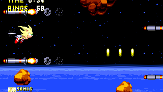 Missiles, flung by Eggman's escape pod further up, appear in various places, flying horizontally from the right. At one point, they begin to form pairs in a sequence, with each pair preceded by three rings. You're invited to fly between each pair, which appear at different vertical levels, in order to scoop up the rings!