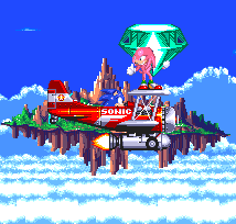 Knuckles has a completely different ending. With Angel Island extremely unstable in the air, the Tornado pops into view, piloted by Sonic. A super-powered Knuckles will be hoisting the Master Emerald up victoriously..