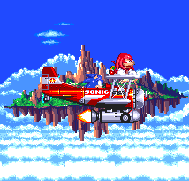 ..If you didn't collect enough emeralds, Knuckles is instead a little more tired out, whilst still perched on the Tornado's wings..