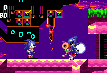 What? What's this? Metal Sonic bursts through the spikes from the other side and grabs Amy! Sonic can do nothing but watch.