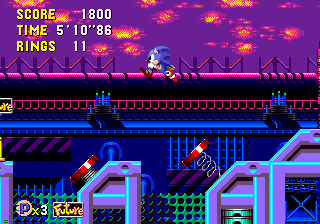 Eggman has already secured even the Past with his machinery, although the factories are still very much in development. Zone 1 is set against a pleasant maroon sunset that appears through the mighty walls.