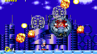 While he's pogo-ing, just jump and land your last hit while he's briefly on the ground. This can take fairly careful timing, but once done, the whole place starts exploding as a shocked Eggman slowly scuttles away in the confusion.