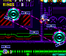 Exactly as they function in Scrap Brain, little blue platforms on diagonal conveyor belts spin around when on the underside, and singular ones give a short spin every three seconds or so, throwing you off if you're on it.