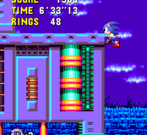..But for some reason, and it may just be me, on the Mega CD version, it just doesn't seem possible to get on the ledge. Sonic just doesn't go high enough. The only thing you can do is drop to the ledge just below, with the transport tube, and find a place to time travel to the Present. Sorry - I'm stumped!