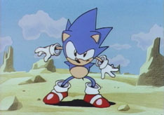 The initial sequence ends with this still of Sonic, victorious but still seemingly ready for battle.